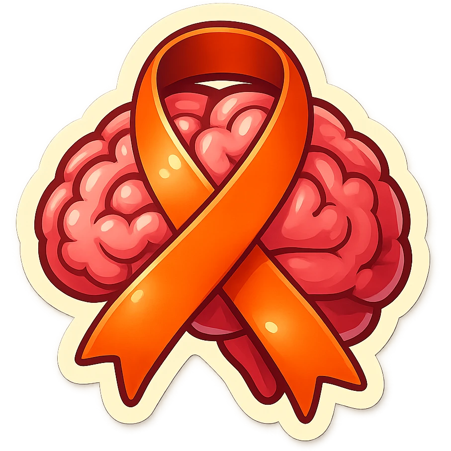 ribbon wrapping a brain, symbol of care for the psyche, retro sticker style, clear contours, shadows and highlights, psychosomatics theme emoji