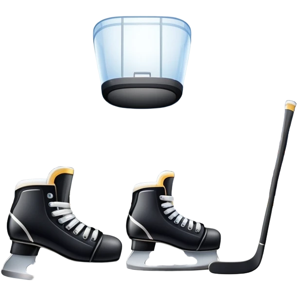 An icon featuring close-up shots of key hockey equipment: a hockey stick, puck, and skates. The background shows a packed stadium with cheering fans, bright arena lights, and an icy rink. Transparent background highlights the essentials of the game and the thrill of the sport. emoji