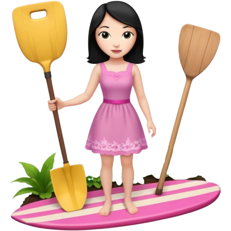 Princess who wearing dress (woman) black hair holding her cellphone and a garden shovel with another hand. She is standing on her feet, there is one pink surfing board. emoji