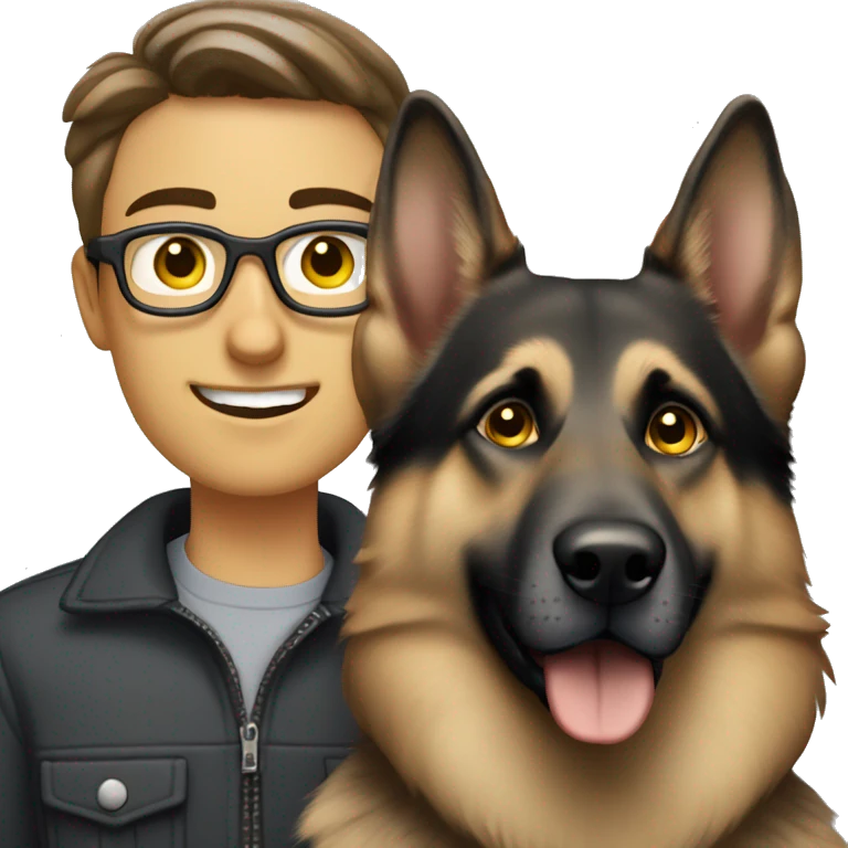 A guy with brown hair, grey eyes, and thin, stylish black glasses, accompanied by a grey German Shepherd (female) with yellow eyes. emoji