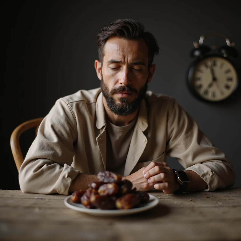 hyperrealistic 4K image of a man preparing to break his fast, in front of him a small plate with dates, clock showing 23 hours, expression of gratitude and concentration, Zen environment emoji