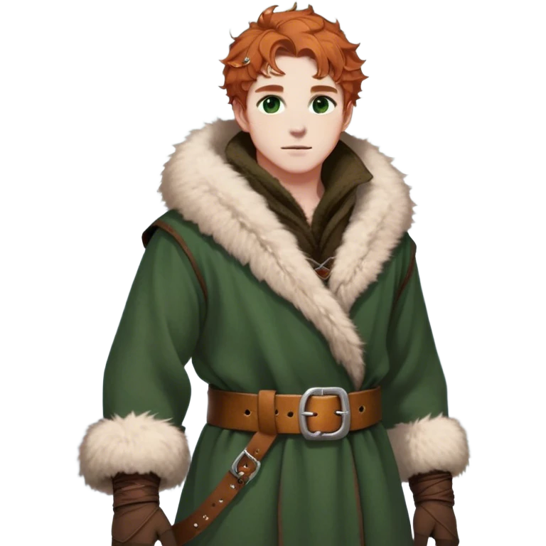 Medieval winter outfit worn by a DnD themed fantasy male character. Thick rustic brown wool tunic with arctic fox fur trim, adorned with hammered copper clasps and a heavy woven leather belt. Clothes only above the waist, full waist coverage. The character has no arms. Character is white-skinned with cinnamon colored hair, deep green eyes, and short curly hair dusted with winter frost. emoji