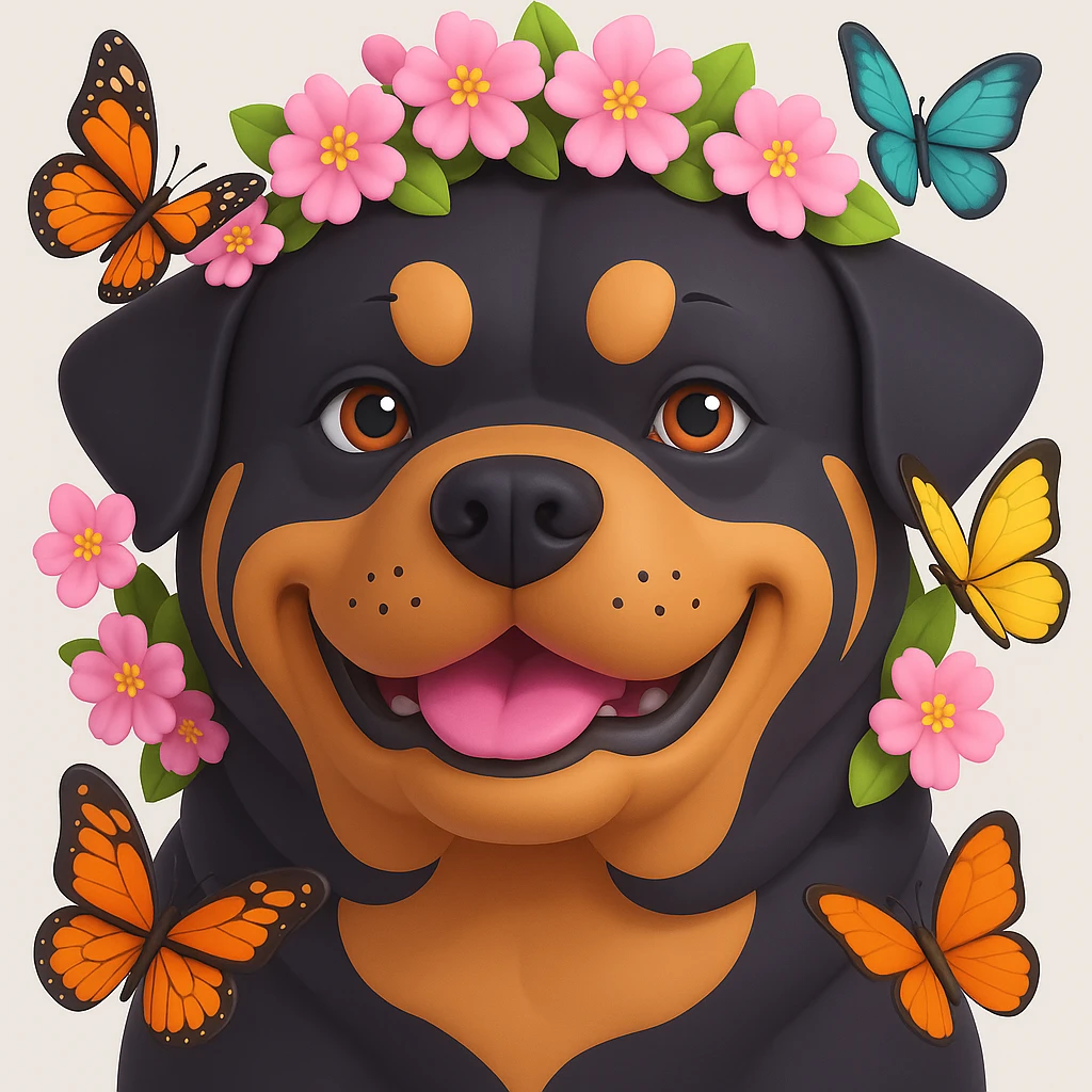 Add butterflies fluttering around the rottweiler with a cherry blossom flower crown, keep the original style and colors 3d-emoji style emoji