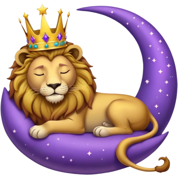 Lion with a crown sleeping on a purple crescent moon  emoji