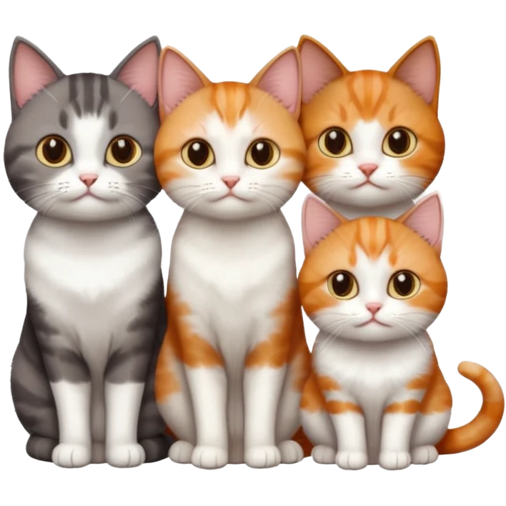 3 different coloured tiny short haired cats, including a dark grey and white cat, and a dark brown tabby and white and a ginger and white emoji