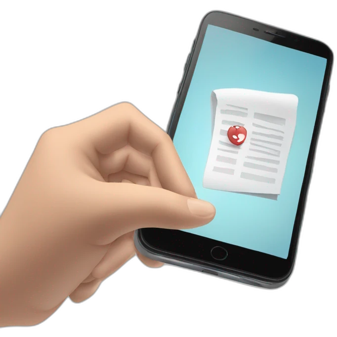 a hand holds a mobile phone in front of an exam emoji