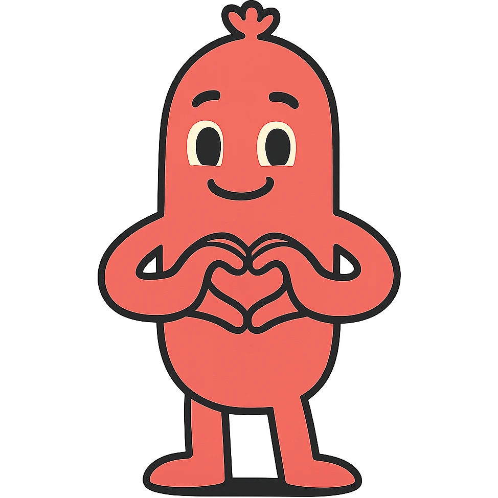 a cute, friendly sausage-shaped humanoid with a pinkish-orange body, forming a heart with its hands emoji