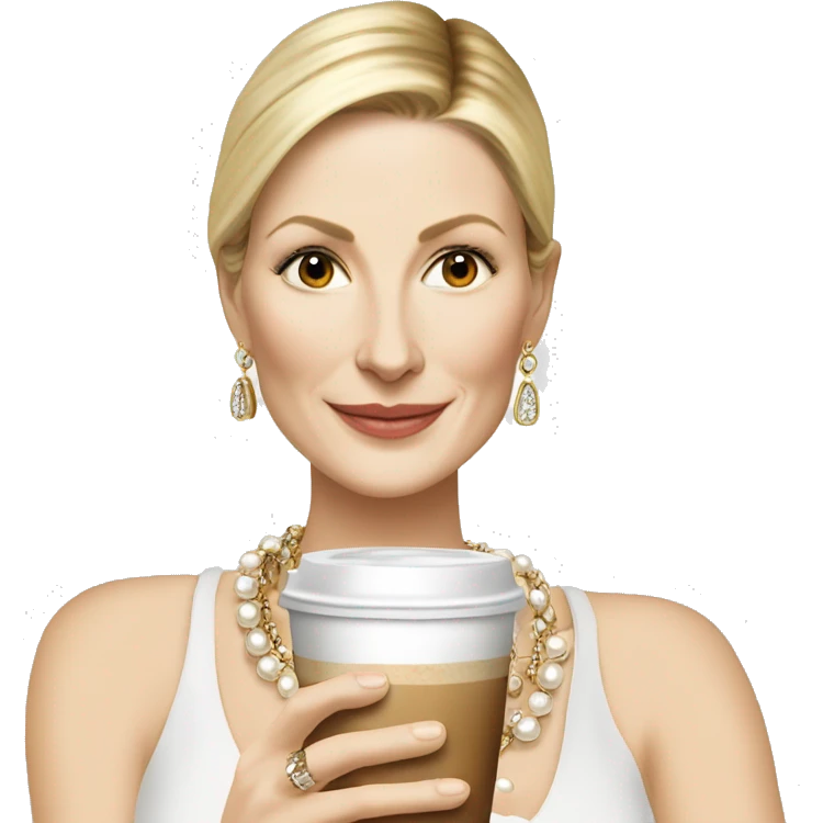 Kelly Rutherford with jewellery wearing white drinking cappucino emoji