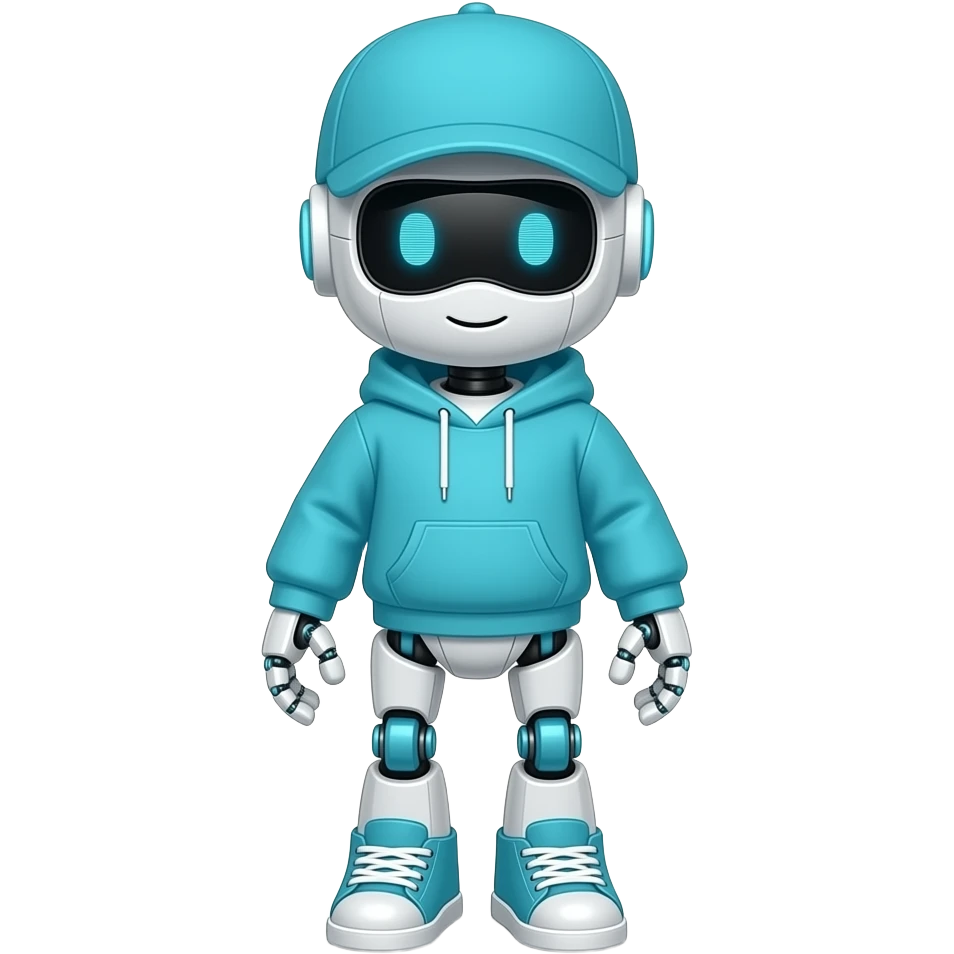 robot in cyan hoodie  and cap and shoes pixelated emoji