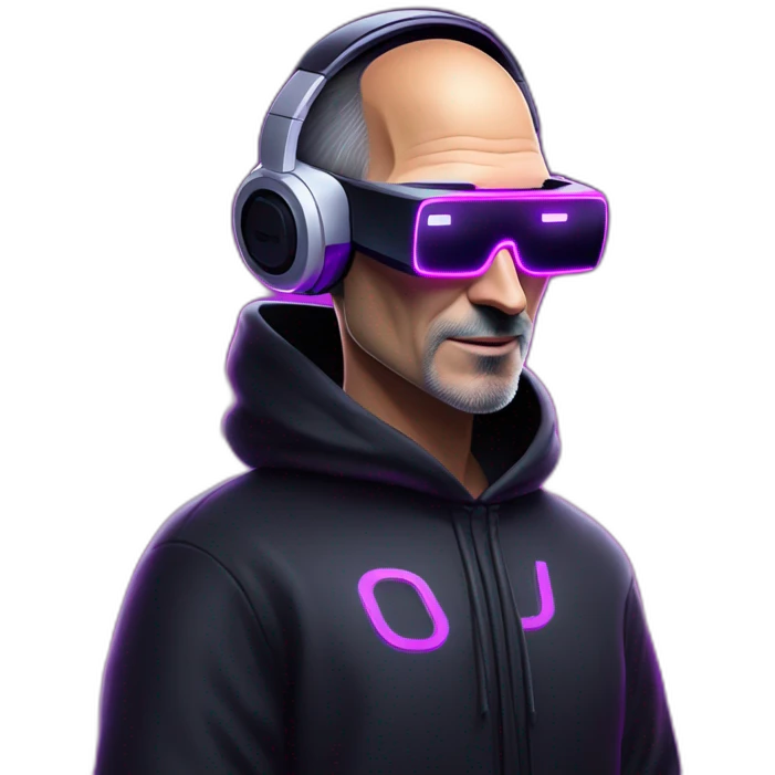 Steve Jobs wearing a black hoodie with "OMG" letters on it and VR headset in a cyberpunk VR environment with violet neon lighting. emoji