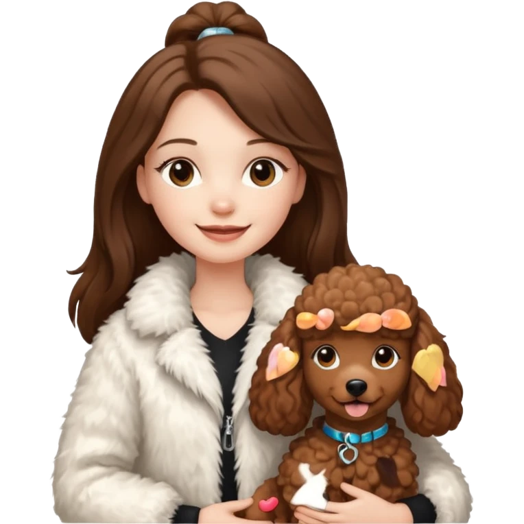 A white smiling girl with a long brown straight(middle part) hair and wearing a fur white jacket holds a brown poodle emoji