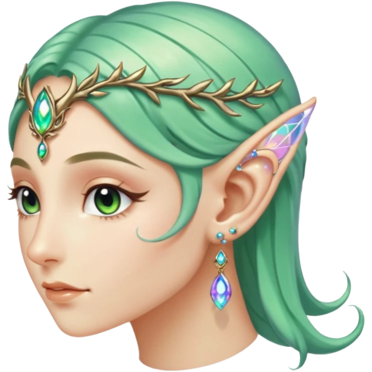 portrait of Elvish fae shiny sparkly iridescent translucent diaphanous ear climber ear cuff emoji