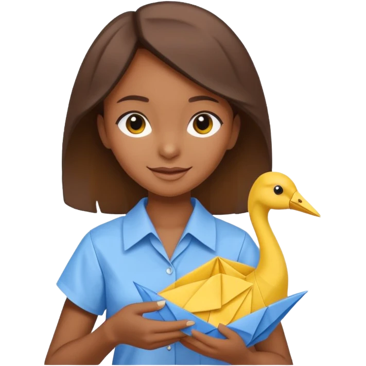 happy-african-young-girl-with-brown-hair-in-a-white-vintage-kanga-shirt-holds-an-origami-yellow-and-blue-crane emoji