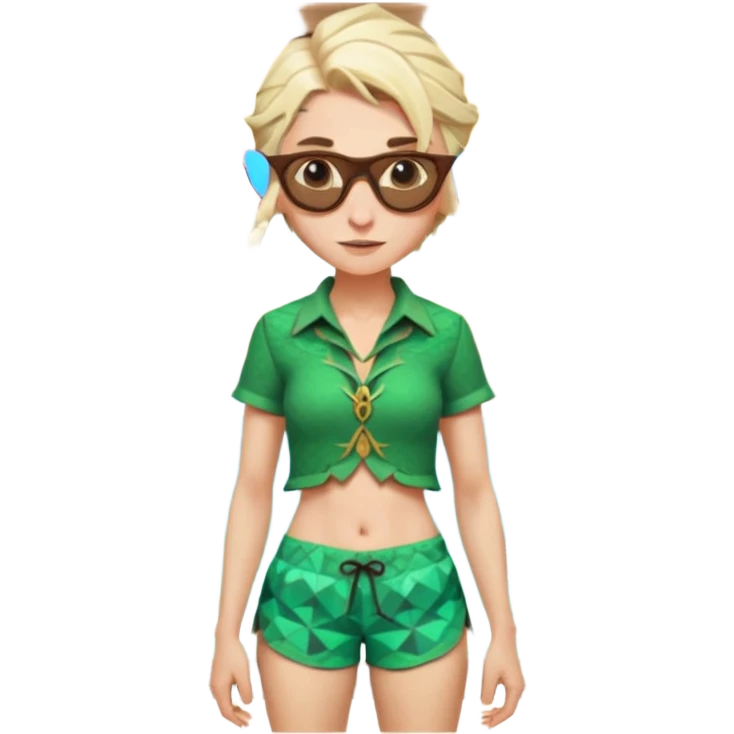 elf female legolas portrait, patterned board shorts (geometric/abstract), unique wooden-framed sunglasses, undercut hairstyle, slight smirk, visible pointy ears, no background, centered emoji, hipster summer vibe coctails emoji