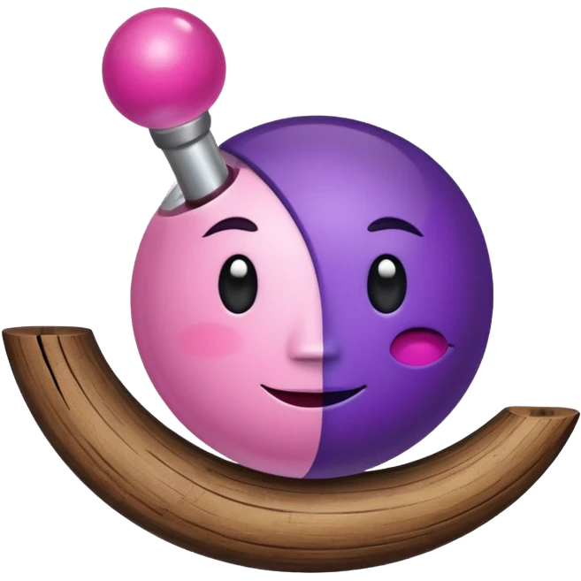 A half pink half purple ball with a face and a wooden stem followed by a glass stem on top of the wood stem tilted 90 degrees emoji