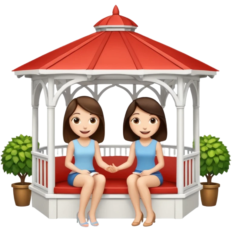 Two brunette women sitting inside a large white gazebo emoji