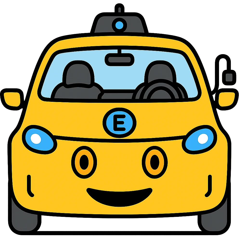 Change the EV car to yellow, keep the circle eyes and EV charger on the right, with no background. emoji