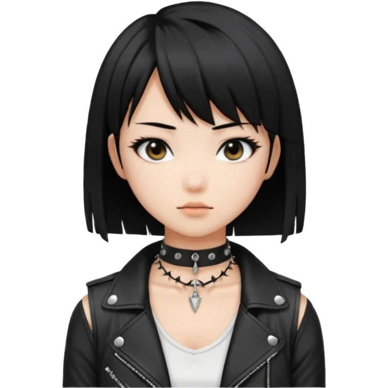 A asian girl with Black eyes and black straight hair with a bob with a black spiked chocker with white tank top with a black leather jacket on in anime style emoji