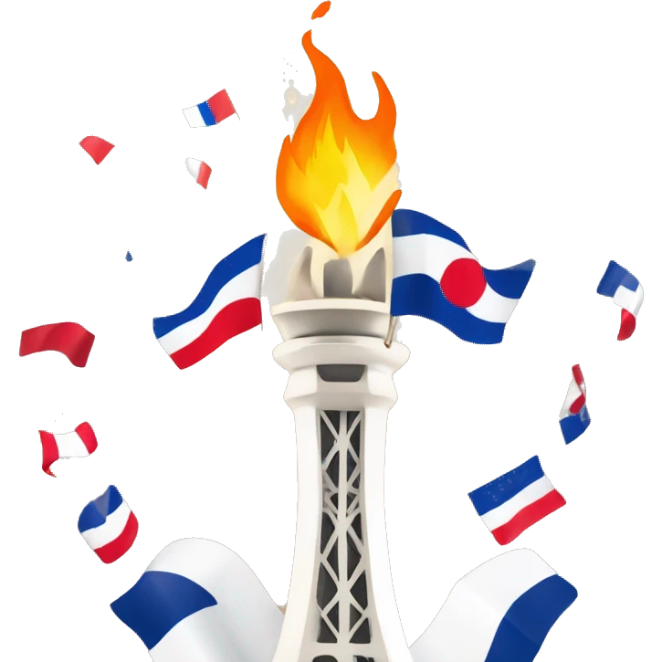 Olympic flame Paris 2024 surrounded by the french flag and Eiffel tower emoji