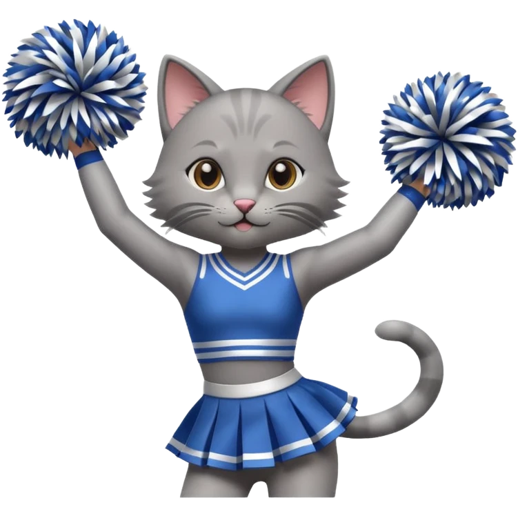 A cute sleek grey cat cheerleader twirling pom-poms with confident energy. emoji