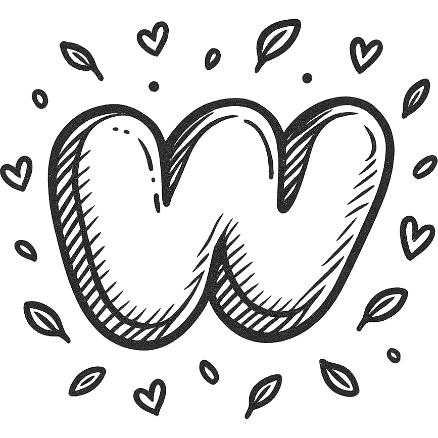 puffy outlined Wattpad logo 'w' with strong shadows and highlights, scattering of tiny leaves and hearts around the logo emoji