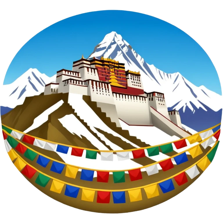 Tibet emoji featuring the Potala Palace, a snow-capped mountain, and prayer flags, capturing Tibetan culture and spirituality in a simple, harmonious emoji style emoji