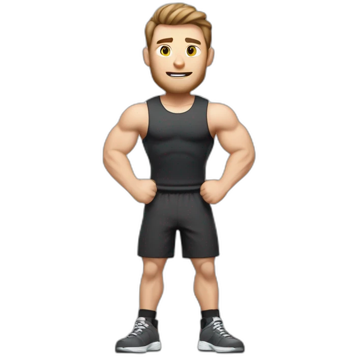 Close up Actively gesturing  with hands Pale skinned Fit Man With the biceps and brown hair in dark gray Sleeveless Mike, black oversize sports shorts, watch and white Sneakers emoji