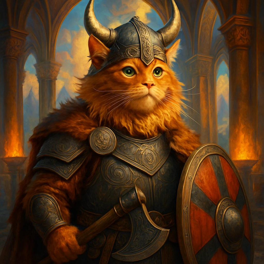 heroic Viking ginger cat in Valhalla, detailed, epic, vibrant colors, fantasy style emoji