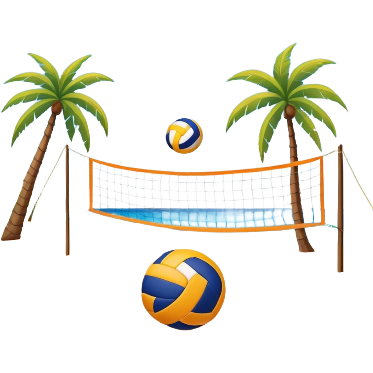 The scene captures a sunny sea beach atmosphere with clear blue sea and sky, palm trees swaying. A volleyball resting on the orange sand ground of a beach, with a volleyball net in the background.  emoji