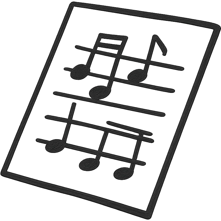 Silhouette of sheet music icon, hand drawn, black outlines, no fill, simple and clean, angled view emoji