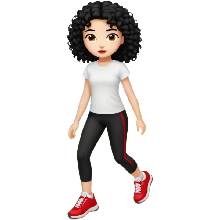 generate a pretty bratz fair skinned girl with curly black hair wearing a white tshirt trekking on a hill with red sneakers on and black leggings.  Put a hill behind her emoji