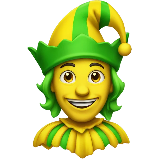 A yellow jester who is wearing green emoji