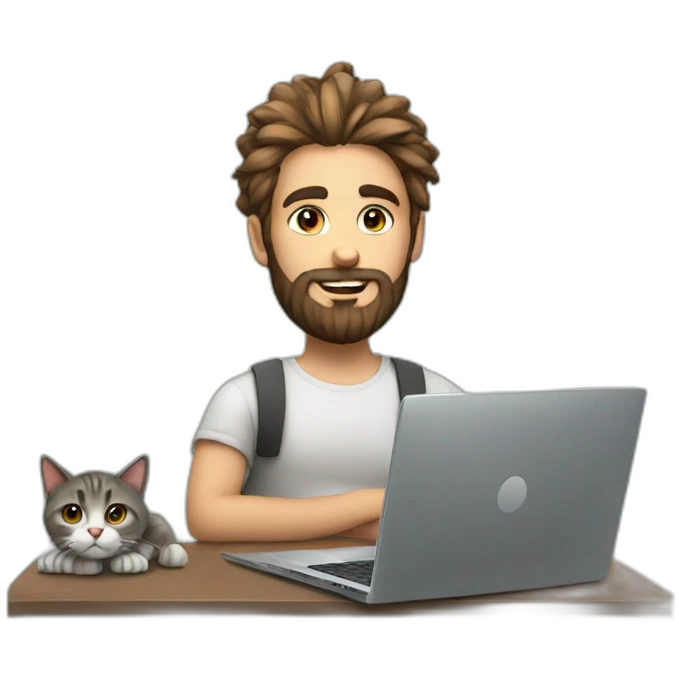 Bearded Dev with hair bun, laptop and cat emoji