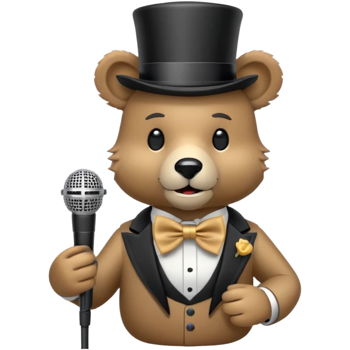 Animatronic Baer with tophat and bowtie holding microphone  emoji