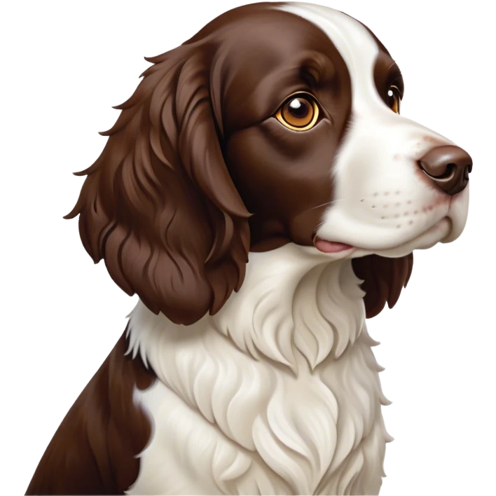 Cinematic Noble Springer Spaniel Portrait Emoji, Poised and regal, with a medium build and a glossy, well-groomed Fur of rich liver and white, deep-set soulful brown eyes, Simplified yet sharp and sophisticated features, highly detailed, glowing with a soft, dignified glow, high shine, intelligent and alert, stylized with an air of grace, focused and attentive, soft glowing outline, capturing the essence of a watchful and confident companion, so majestic it feels as though it could bound out of the screen with effortless authority! emoji