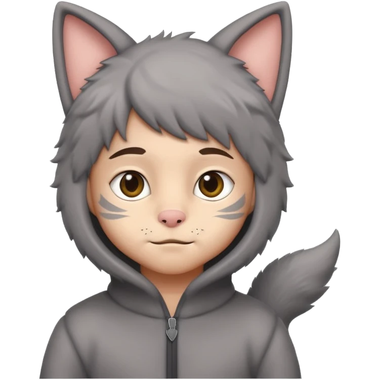 Boy kid in gray cat suit with tail and ears emoji