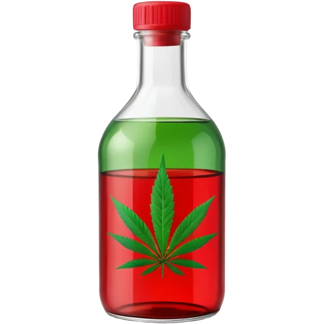 Curved glass bottle in red with a green cannabis leaf printed on it and clearly labeled "red pop" on the bottle emoji