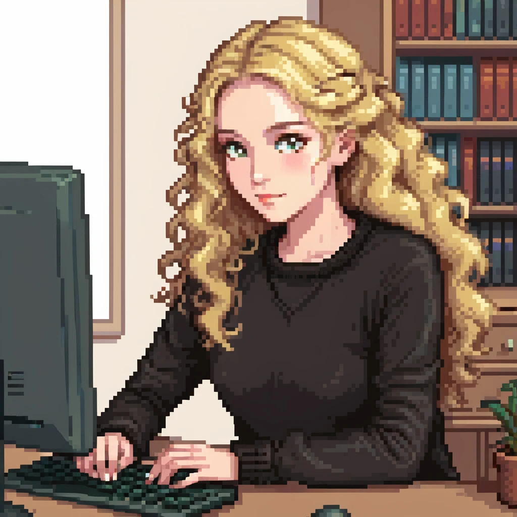pretty brown-eyed blonde young woman with wavy hair, wearing a black sweater, working on a computer in a cozy office emoji