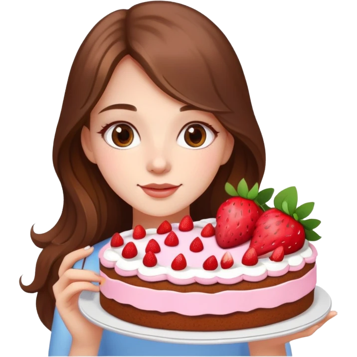 A beautiful girl with long brown hair and flowers holding a strawberry cake emoji