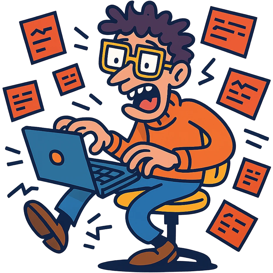 wacky programmer with buggy code flying around emoji