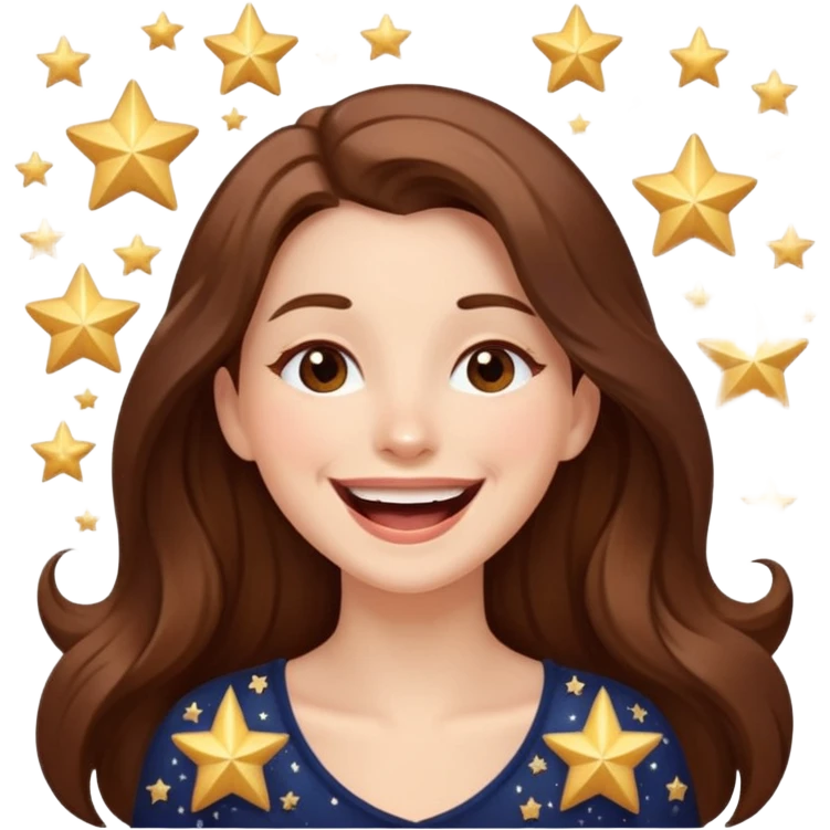 woman with long brown hair laughing with stars and sparkles, light beige emoji