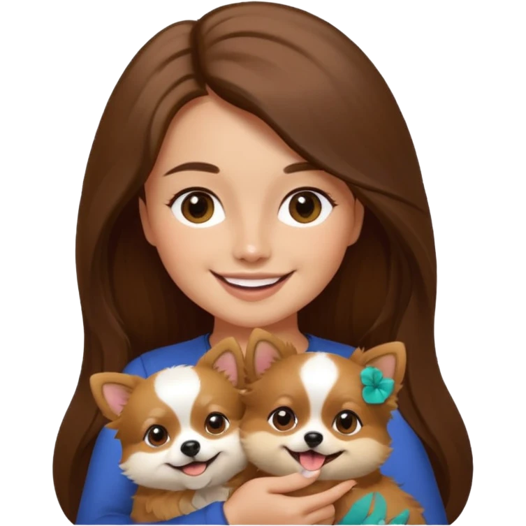 Create a high-quality emoji illustration of a woman with long brown hair, smiling, holding a small Pomeranian dog. The dog’s face is mostly black with a white line centered from the nose to the mouth. Minimalist emoji style, smooth lines, bright but natural colors.” emoji