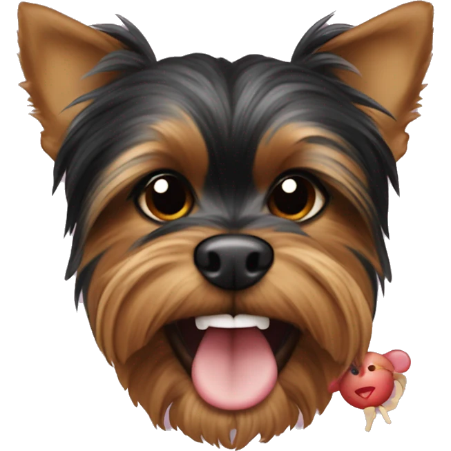 black and red yorkie with a toy mouse in his teeth emoji