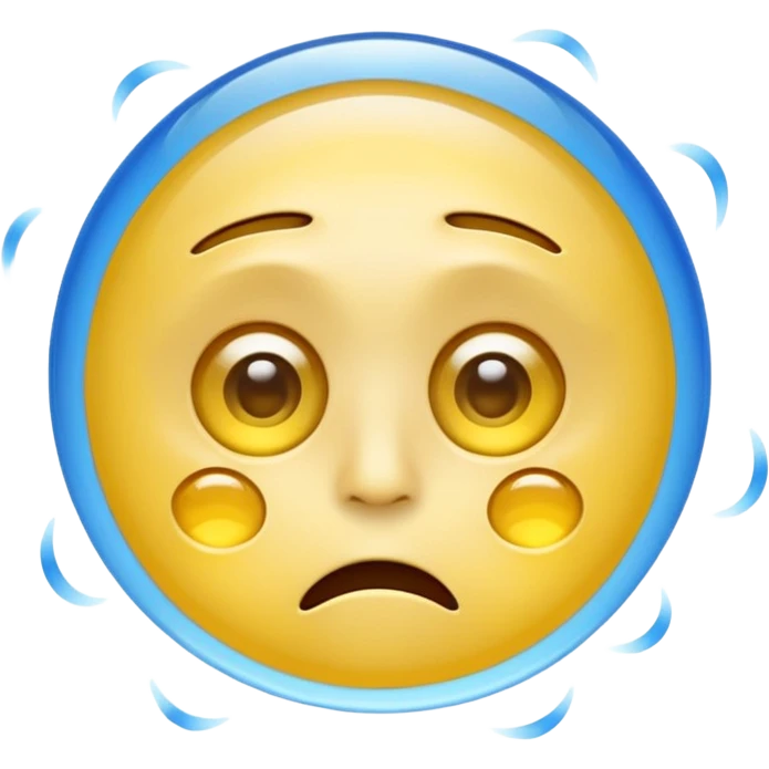 typical yellow emoji face with eyes reflecting digital overload, glassy and glossy with blue light reflections, floating windows or icons in the eyes, expression showing mental exhaustion, confusion, or trance-like state from too much virtual content emoji