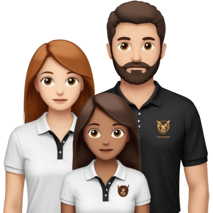 Tente de novo.Crie um casal - Homem branco de cabelo liso e olhos marrom, com barba, expressão séria usando camiseta polo preta e mulher de pele branca cabelo cacheado marrom longo e olhos mel, usando uma regata branca, quero ela sorrindo emoji