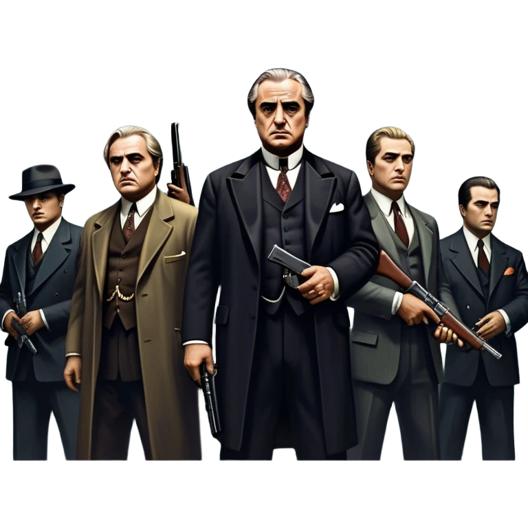A vintage movie poster-style design featuring Don Vito Corleone surrounded by gangsters with Tommy guns. Include a dark, moody noir atmosphere with skyscrapers of New York in the background. The scene should be tense and mysterious, with a retro cinematic feel. Transparent background. emoji
