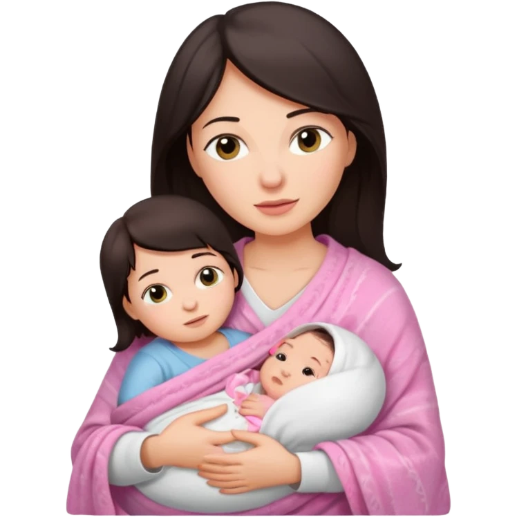 Mother with a white shirt and dark hair holding her newborn babygirl swaddled in pink blanket emoji