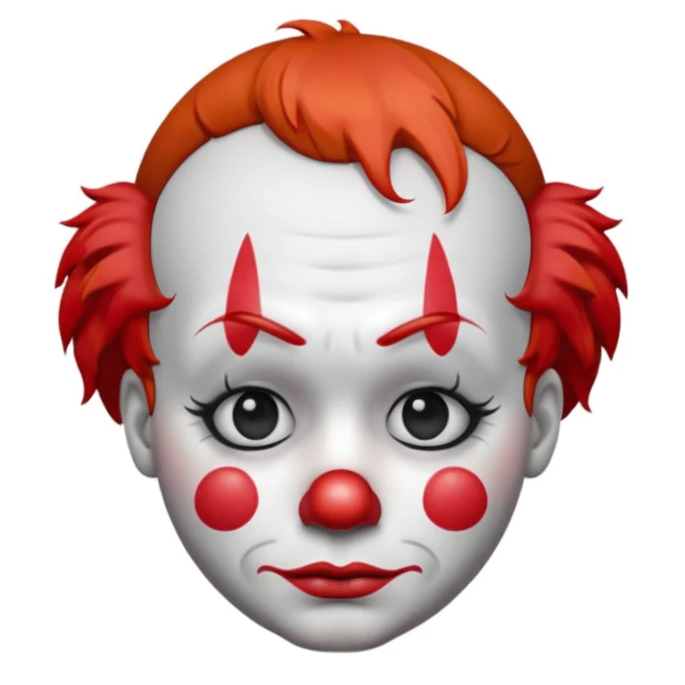 passport photo of a sad clown emoji, white face paint, red nose, classic makeup with frown and drooping eyebrows, multiple tears, short tufted faded red hair, polka-dotted costume in muted tones, glossy 3D look, centered, white background emoji
