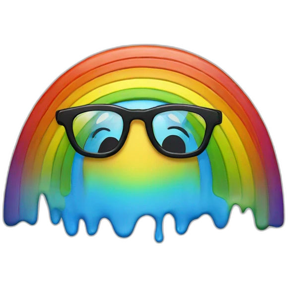 a rainbow with a human face with glasses and some paint emoji
