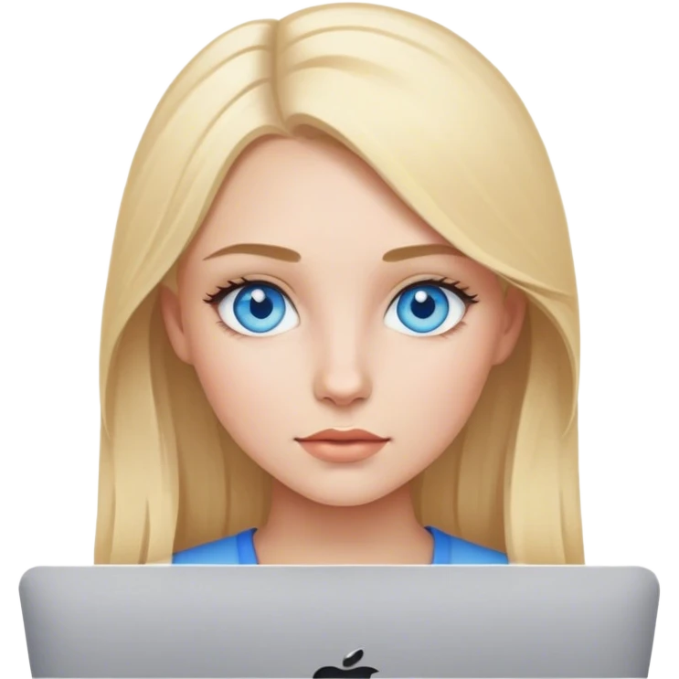  girl with blue eyes,  blonde hair working with Mac  emoji